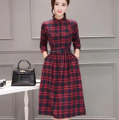 Винтажное 2020 клетчатое Элегантное длинное женское платье с отложным воротником