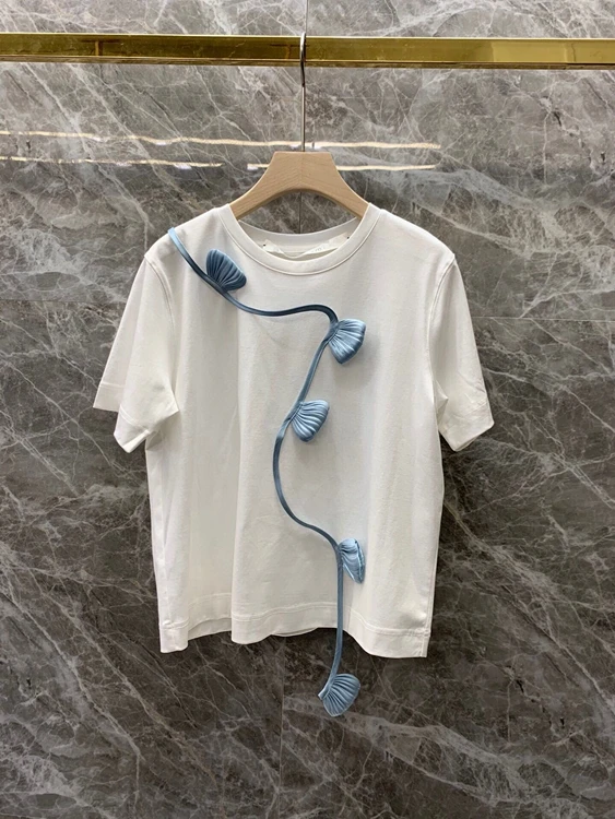 

2021 new women fashion color matching floral stripe decoration short-sleeved all-match blouse 510