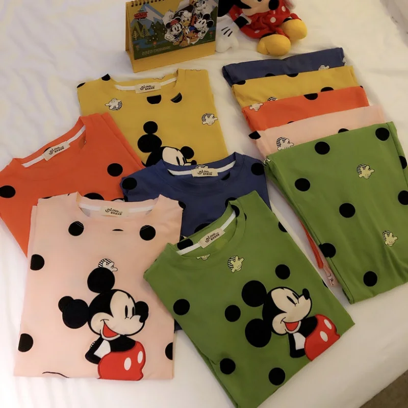 5 Colors Disney Cartoon Mickey Mouse Print Polka Dot Women's Summer Suits Casual Soft Nightgown Women Loose Home Wear Pyjama