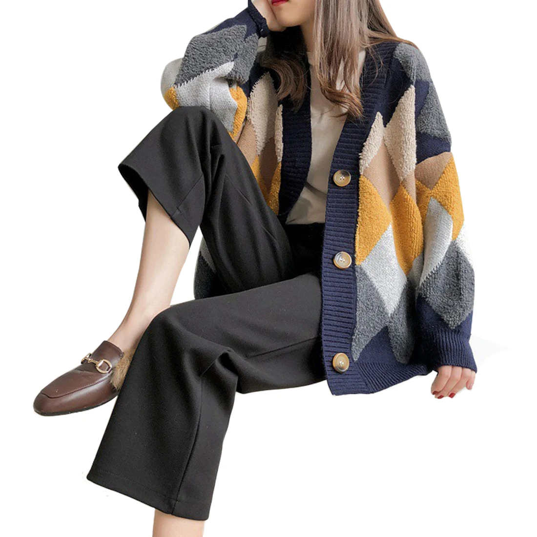

Geometric Printting Knitted Women Sweater Cardigans Single Breasted Long Sleeve Cardigans Korean Style Loose Sweater