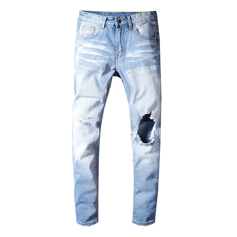 2019 New Men's Light Blue Holes Ripped Stretch Jeans Slim Skinny Distressed Denim Pants Man Long Trousers High Quality