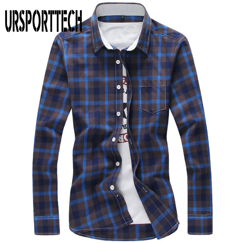 Мужская хлопковая рубашка в клетку повседневная приталенная с длинными рукавами