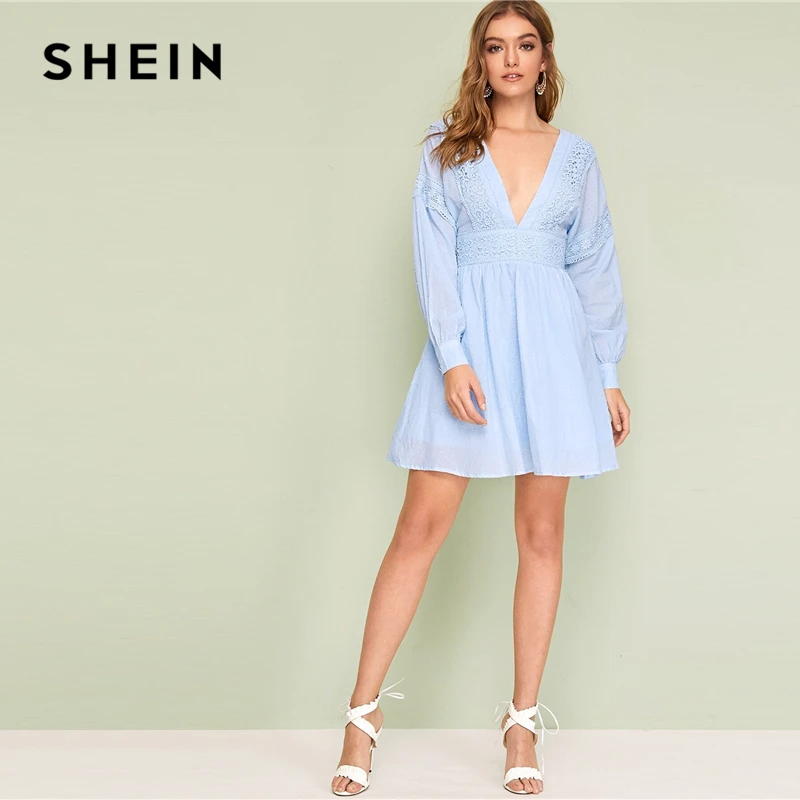 SHEIN Жаккардовое Платье С V-Образным Глубоким Вырезом И Кружевом Женское Весеннее Богемное Платье С Длинными Рукавами