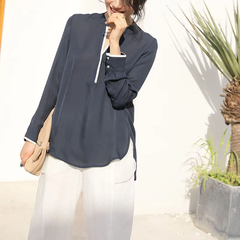 Женская тонкая рубашка с длинным рукавом темно синяя Повседневная блузка из