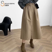 women skirt female elegant romantic casual elastic waist zipper fly buttons front pleated big slit mid calf solid a line autumn