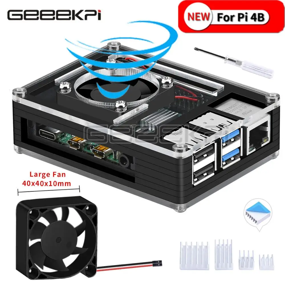 Чехол GeeekPi акриловый черный чехол для Raspberry Pi 4 Model B с вентилятором большого