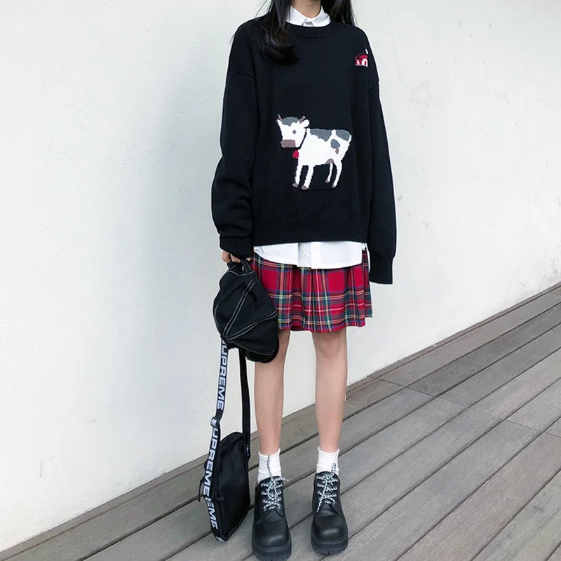 

Cute Cow Embroidery Sweater Female Autumn Sweater Women Harajuku Cartoon Animal Sweater Loose Round Neck Long Sleeve Knit