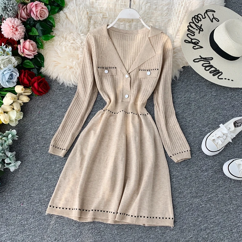 Осенне зимние новые трикотажные тонкие платья в стиле ретро с отложным