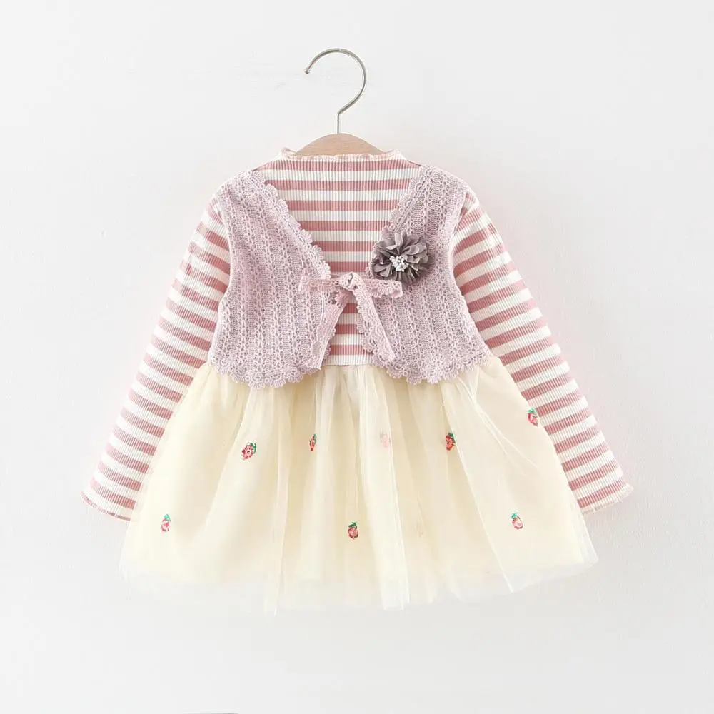 Pink Одежда для новорожденных; коллекция года; осенне-зимнее платье-пачка принцессы в полоску с длинными рукавами для маленьких девочек; платья для дня рождения - Цвет: Pink