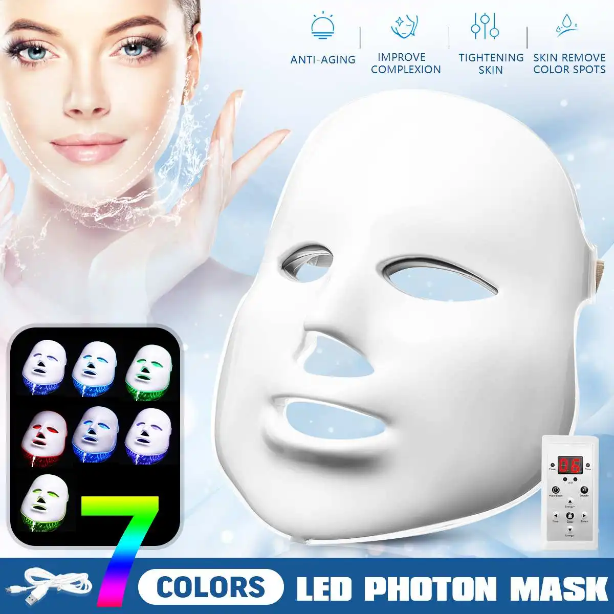 7colors Light Photon Facial Mask Therapy 192 LED Skin Care Rejuvenation Wrinkle Acne Removal Face Beauty Spa UK/US/EU plug | Красота и