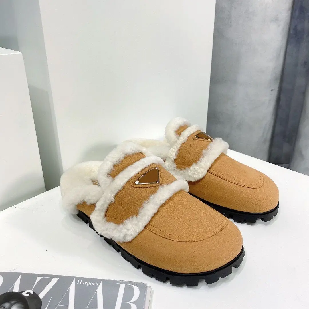 

Women's plush slippers, outer wear autumn and winter mule shoes, 2020 new lazy red mesh flat-bottomed rabbit fur shoes, half toe