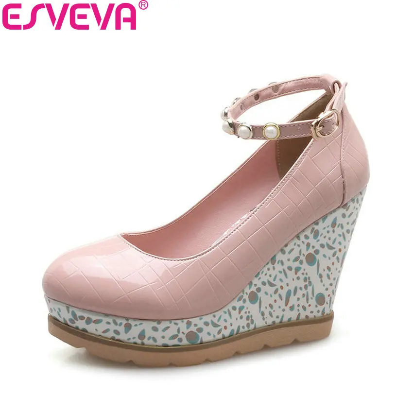 ESVEVA 2018 Women Pumps Wedges Heels PU Leather Buckle Strap Round Toe High Platform Shoes for Size 34-42 | Обувь