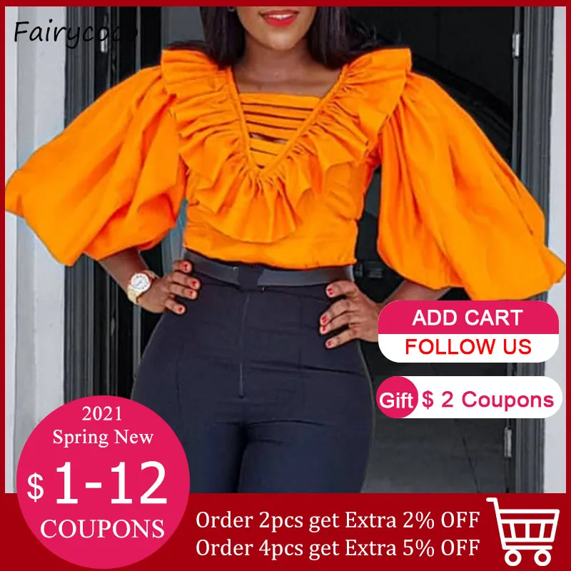 

Women Blouse Orange V-neck Fashion Top African Ladies Plus Size Five Points Lantern Sleeve Ruffled Office Pullover Spring 2021