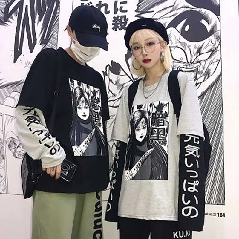 NiceMix Harajuku футболка женская поддельная 2 шт. принт японский Fujiang Ужасы комиксы длинный рукав рубашка Женская Vetement Femme