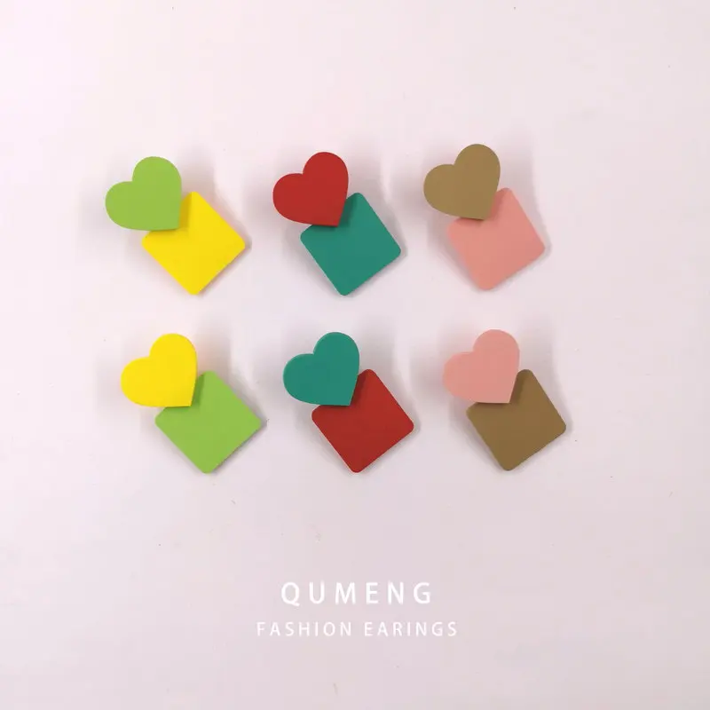 

QUMENG korean Cute Heart Stud Earrings For Women Paint Spraying Colorful Geometric Earrings Modern Earrings Gift