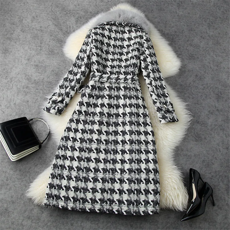 

Collar Winter Women Fur Thicken Warm Wool Blends Long Overcoat Elegant Lady Vintage Houndstooth Woolen Jackets Coats Outerwear