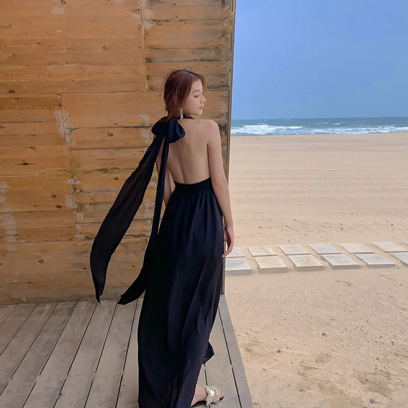 

French Sexy Split V-neck Halter Backless Chiffon Dress Women's Summer Beach Seaside Vacation Super Fairy Long Dress