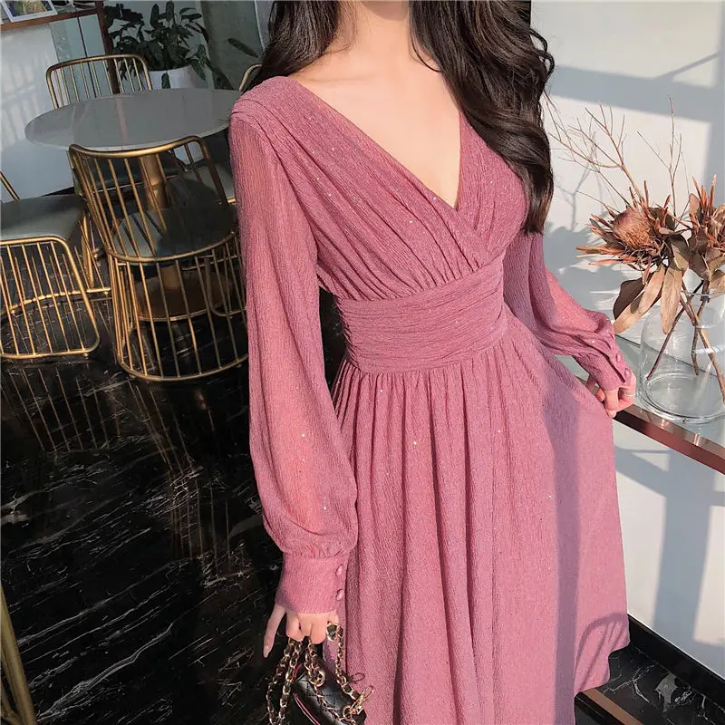 

Solid Elegant Dress Women Autumn Sequin Party Midi Dress Female Casual Chiffon Slim Korean Dress 2020 Autumn Women's Clothing