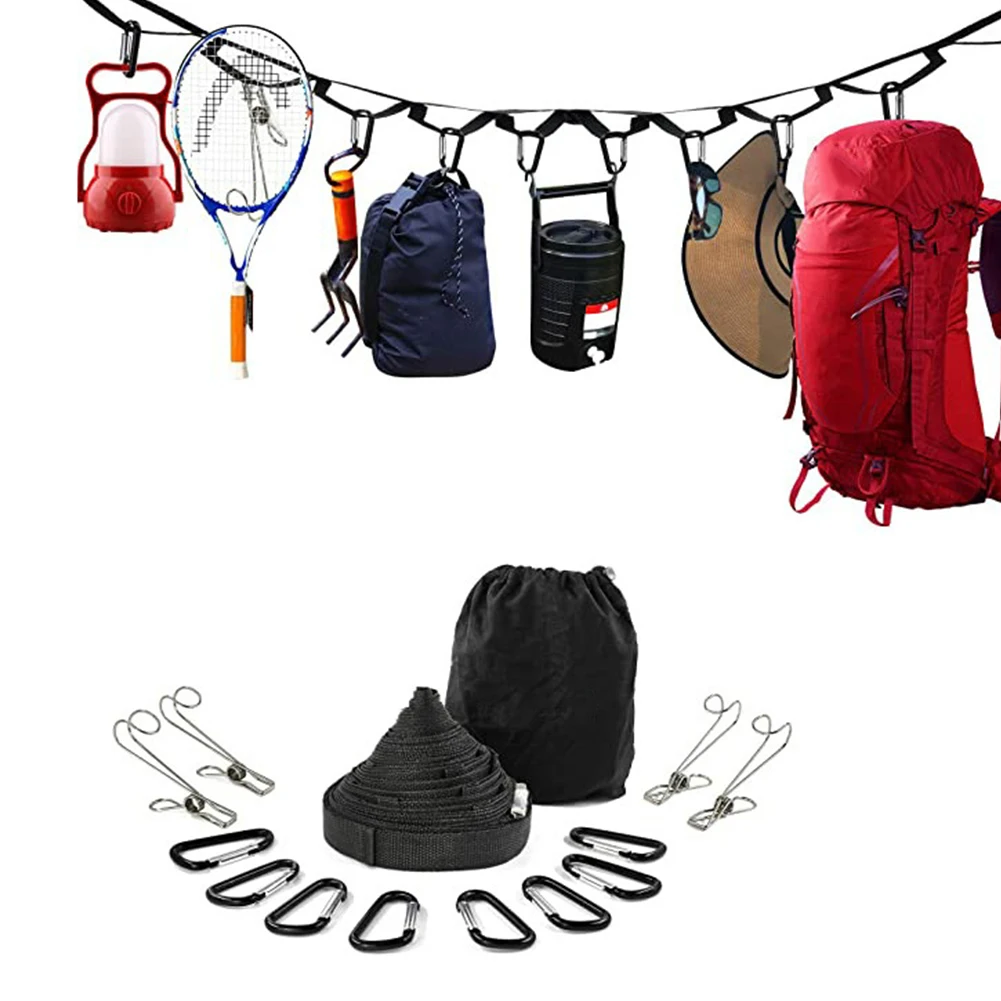 

Outdoor Camping Multifunctional Lanyard Hanging Rope 4.3m 19 Loop Campsite Clothesline Storage Rope With Carabiners, Clips, Bag