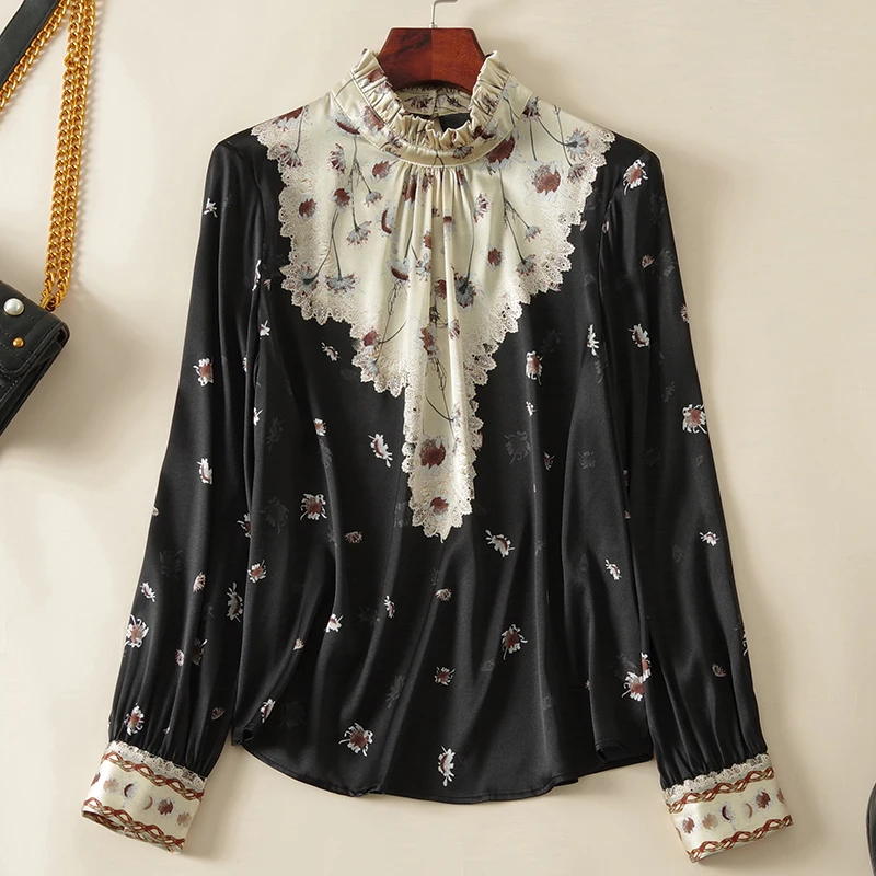 

Black Women's Vintage Shirt Elegant Stand Collar Long Sleeve Woman Shirts Blouses 100% Real Silk Female Floral Print Blouse Tops