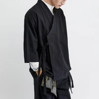 plus size japanese kimono pants suit solid black retro men cardigan streetwear yukata traditional japanese samurai clothing 5xl
