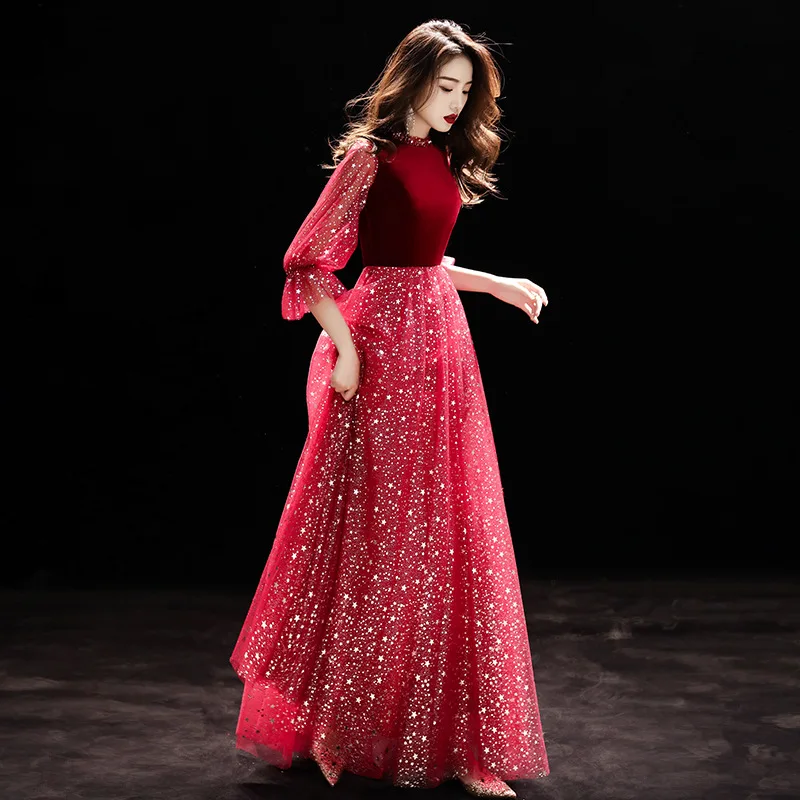 

Red Sexy Oriental Party Female Starry Sky Stage Show Full Length Qipao Elegant Celebrity Evening Dress Banquet Dresses