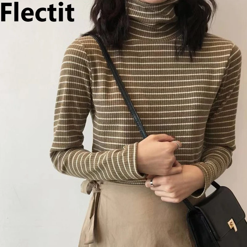

Flectit Striped Roll Neck Long Sleeve Top Women Turtleneck T-Shirt Ladies Casual Outfit *