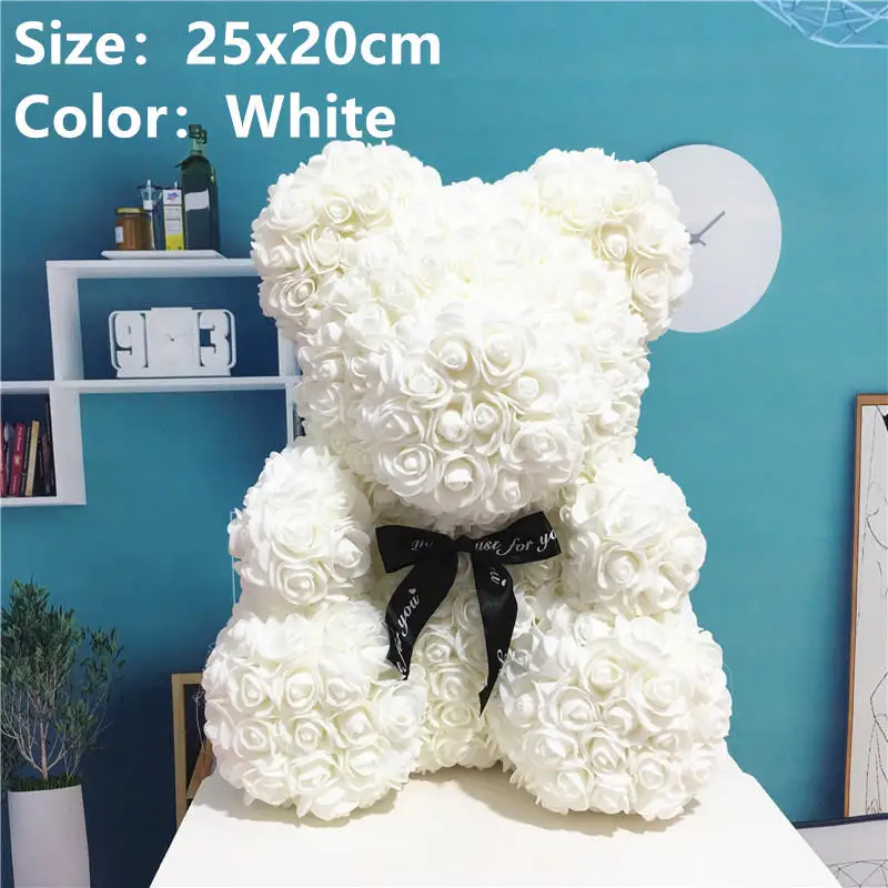 White 25x20cm Искусственные цветы Роза медведь многоцветный пластик пена роза цветок плюшевый медведь День Святого Валентина подарок День Рождения Вечеринка весеннее украшение - Цвет: White 25x20cm