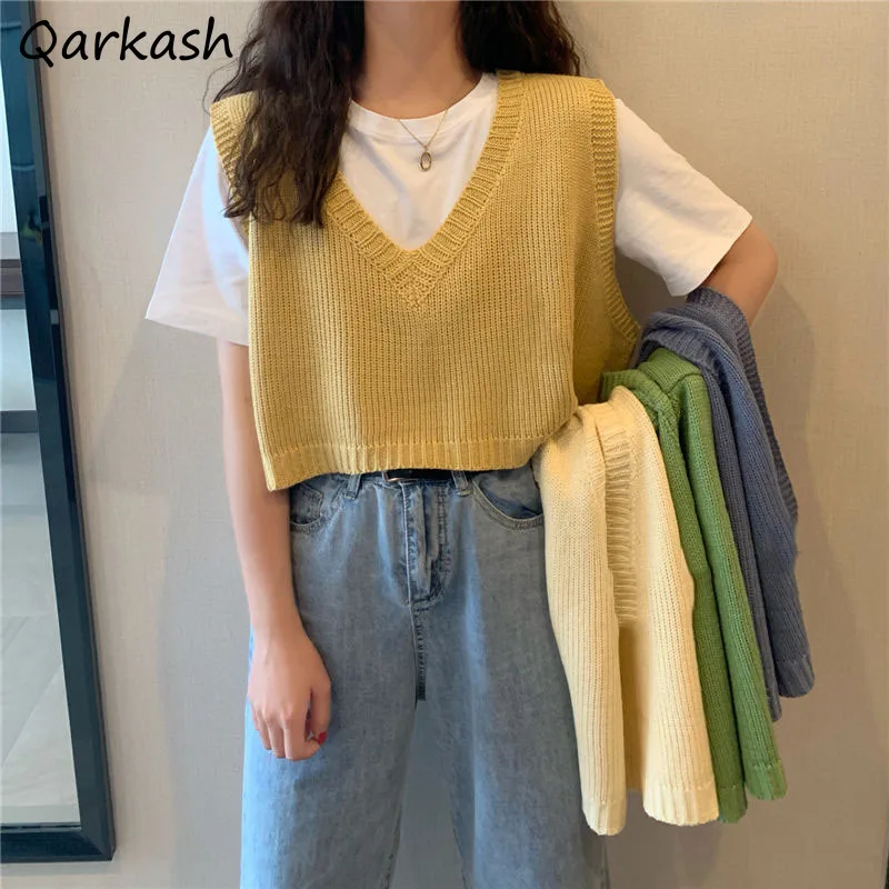 

Sweater Vests Women Sleeveless Simple Solid Female Casual V-neck Spring Preppy Style Basic Slim Students Korean Crops Knitwear