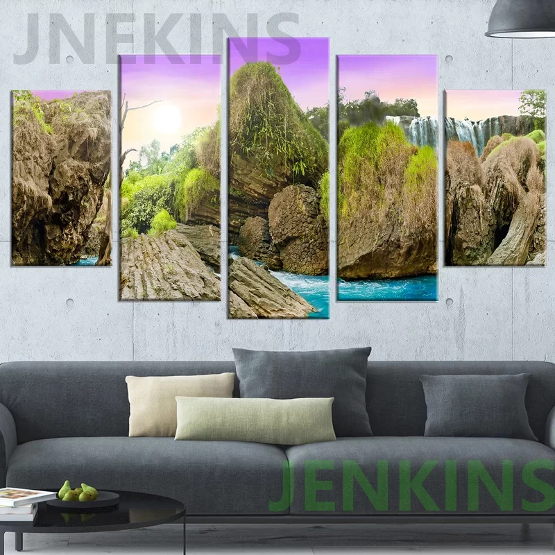

Wall Art Home Decor Canvas Printing Waterfall Painting Modern Poster 5 Pieces Living Room Modular Stone Pictures No Framework