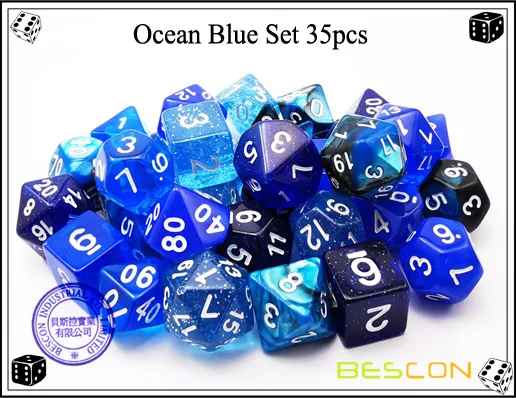Bescon набор костей для ролевых игр 35 шт. океан набор синего цвета, DND ролевая игра кости 5X7 шт