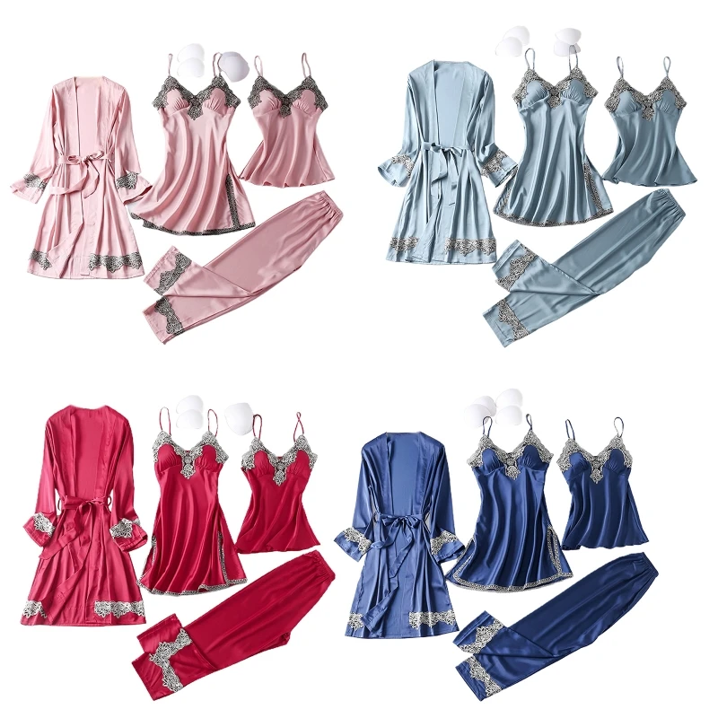 

Комплект пижамный женский из 4 предметов, топ на бретельках, длинные брюки, платье, халат с вышивкой, кружевная отделка, пикантная одежда для ...