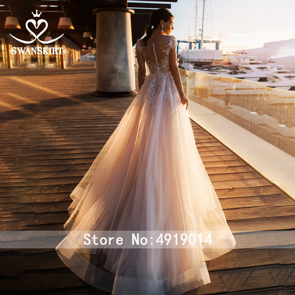 Модное свадебное платье с аппликацией милое А-силуэт Boho Vestido De Noiva цветы со шлейфом Свадебное платье Swanskirt k307