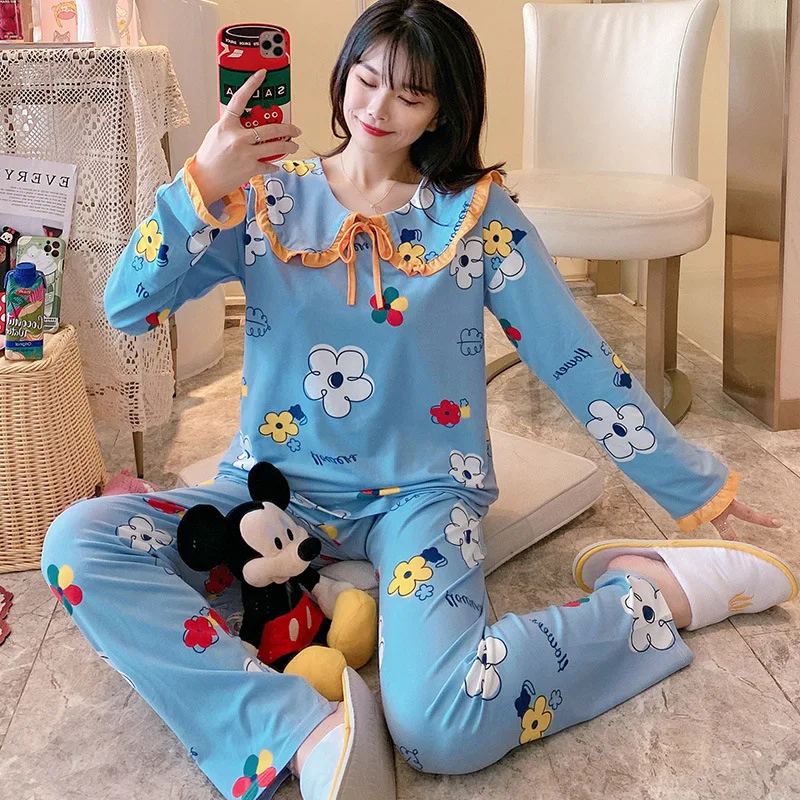 

Popular Cartoon Long-sleeved Loose Lapel Sweet Hedging Home Service Thin Suit Pajamas Womens Spring and Autumn Pijamas Hot Sale