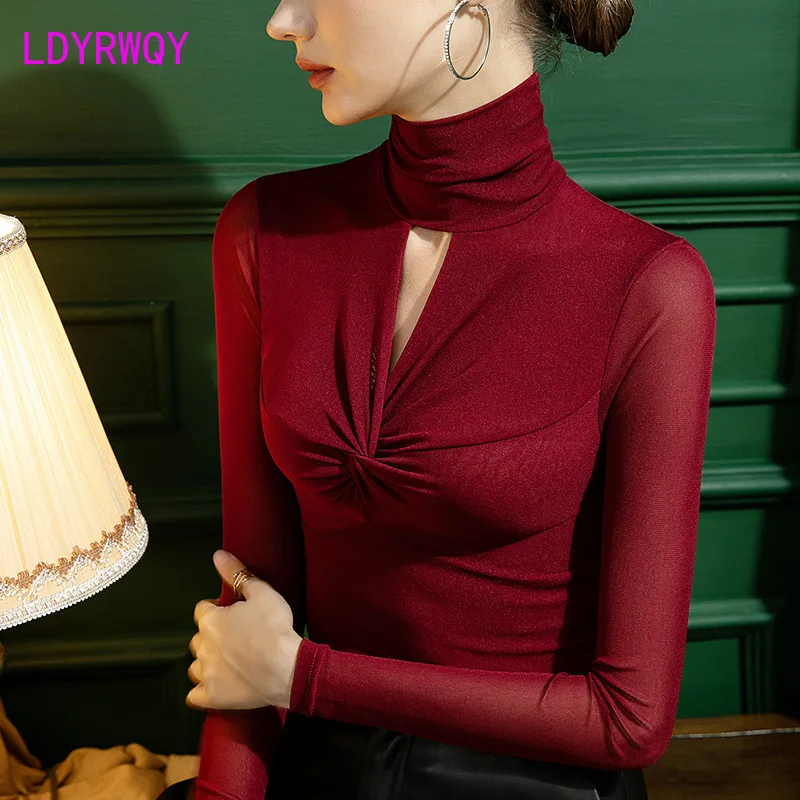 

2021Autumn new high-neck mesh bottoming shirt women's slim hollow sexy long-sleeved top