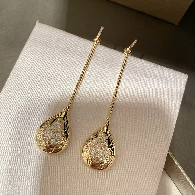Mysterious Scarab Pendant Earrings Gold Beetle Thin Female Long Atmospheric | Украшения и аксессуары