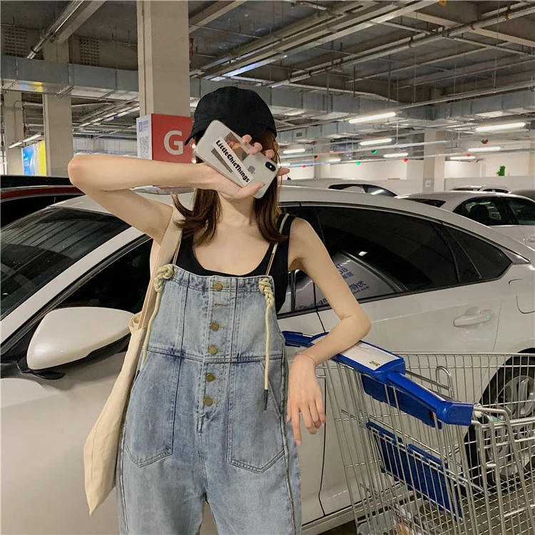 

Qooth Vintage High Waist Jeans Overalls Women Big Pockets Denim Romper Ladies Wide Leg Harem Jumpsuits Capri Jeans QH2396