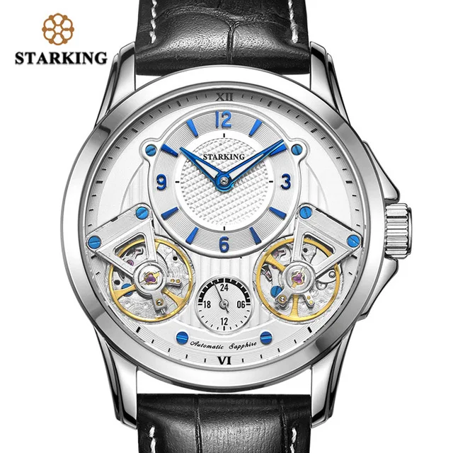 AM0218SL21 STARKING, мужские часы, Топ бренд, роскошные, двойной турбийон, кожа, деловые часы для мужчин, водонепроницаемые, задняя-ветровая сталь, наручные часы - Цвет: AM0218SL21