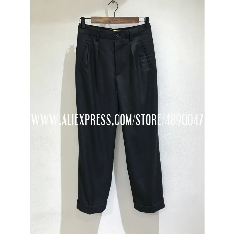 

Trousers women's pure black casual mid-waist spring autumn trousers streetwear wool Cuffed trousers commuter OL cropped trousers
