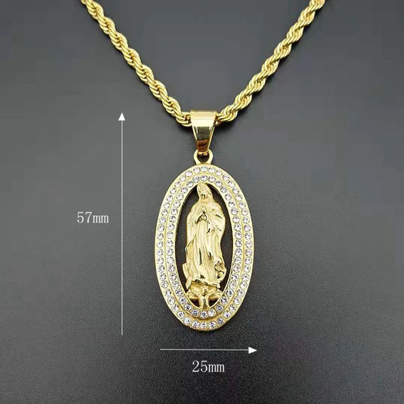 В стиле хип-хоп Bling льдом Стразы Золотой Цвет нержавеющая сталь Девы Марии