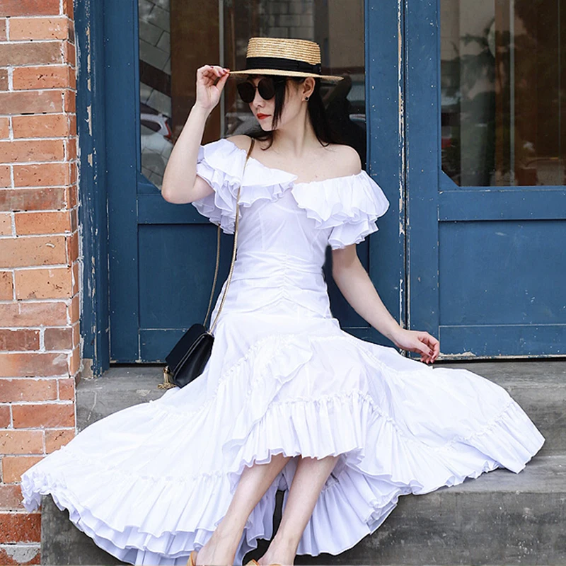 CHICEVER Asymmetrical Women's Dress V Neck Butterfly Sleeve High Waist Slim Korean Solid Female Dresses Fashion New Summer