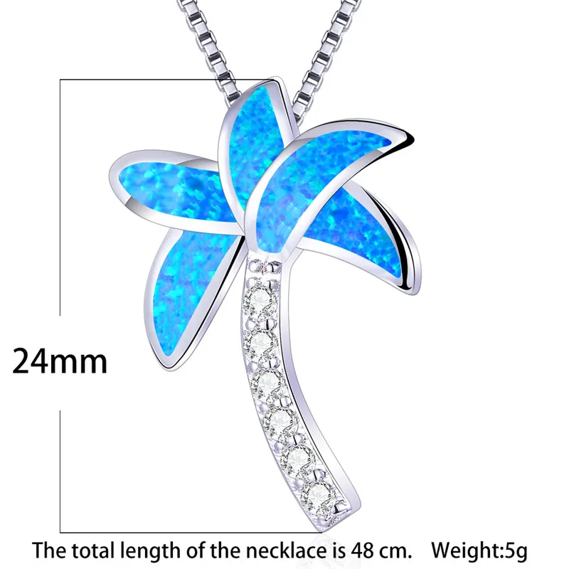 

Boho Female Coconut Tree Pendant Necklace Charm Silver Color Chain Necklace Luxury Blue Opal Stone Wedding Necklaces For Women