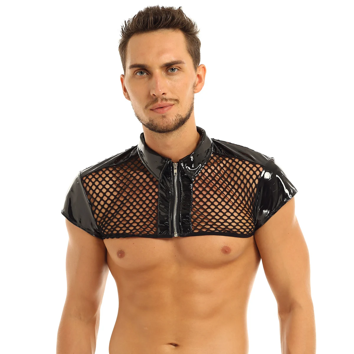 

Mens Mesh Fishnet See Through Patent Leather Splice Harness Muscle Bondage Hot Sexy Men Clubwear Costume Crop Tank Top