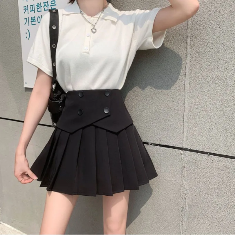 

Летняя женская пикантная свободная модная черная и белая плиссированная юбка Y2K, двубортная уличная одежда, Элегантная короткая юбка в студ...