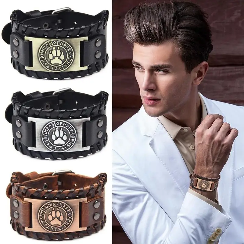 Модный мужской плетеный браслет в стиле панк широкие кожаные регулируемые