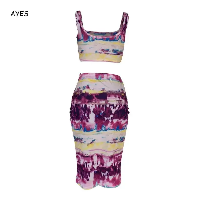 

Slim Bodycon Tie Dye Two Piece Skirts Sets 2pcs Women Sexy Gradient Bow Kont Dress Sets Female Clubwear Top Skirts Outfits Suits