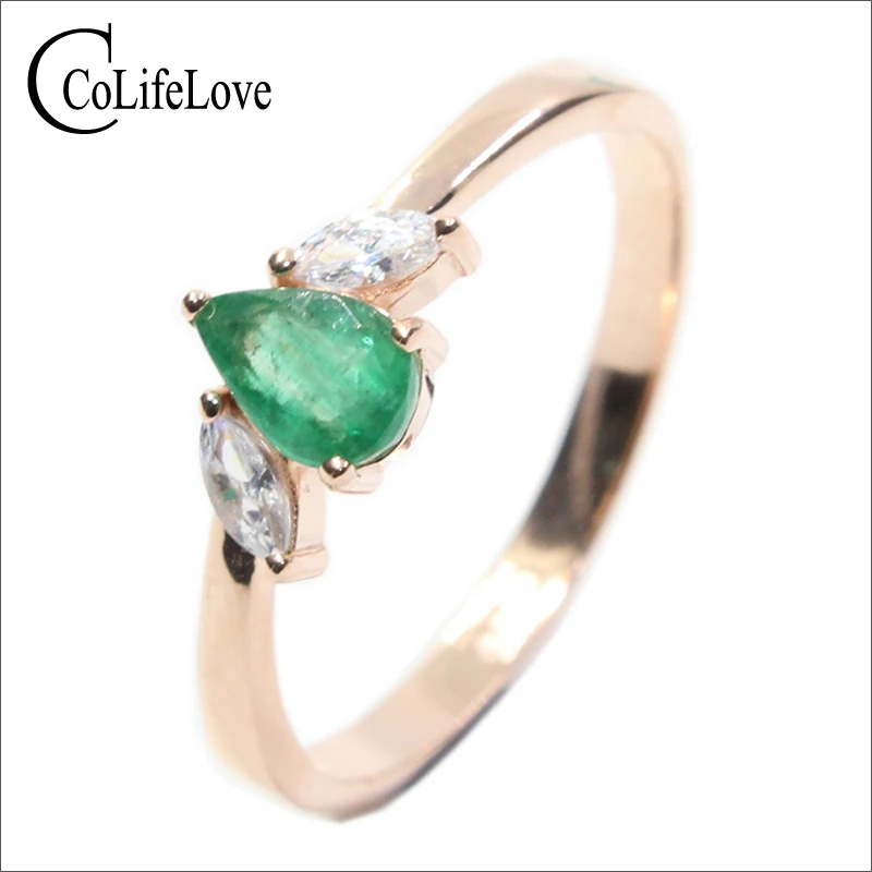 Модное серебряное кольцо с изумрудом 4*6 мм 0.35ct грушевидная огранка натуральный