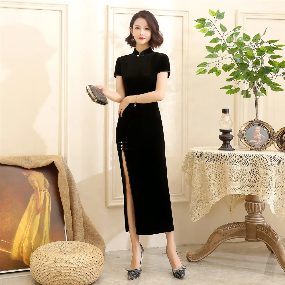 Китайское традиционное длинное платье Чонсам с коротким рукавом из бархата Qipao, китайское женское платье, 4 цвета