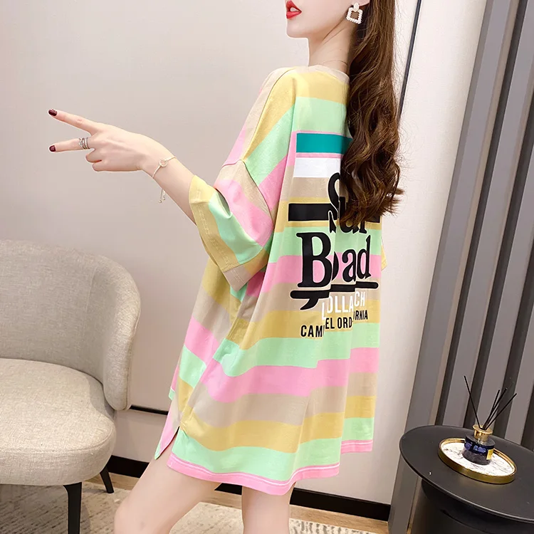 

Houthion Stripe Women's T-shirt Loose Top Plus Size Tshirt Short Sleeve New Korean Fashion Casual O-neck T Shirt Summer