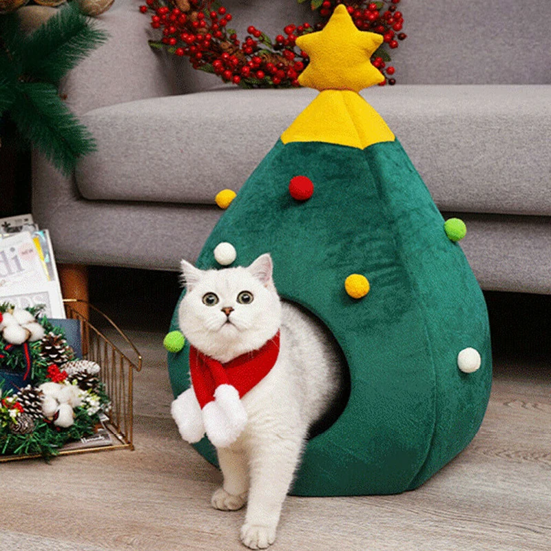 

Christmas Tree Shape Pet House Cat Cozy Tent Cave Bed Soft Winter Warm Indoor Washable Cat Mat Cats House Pet Accessories